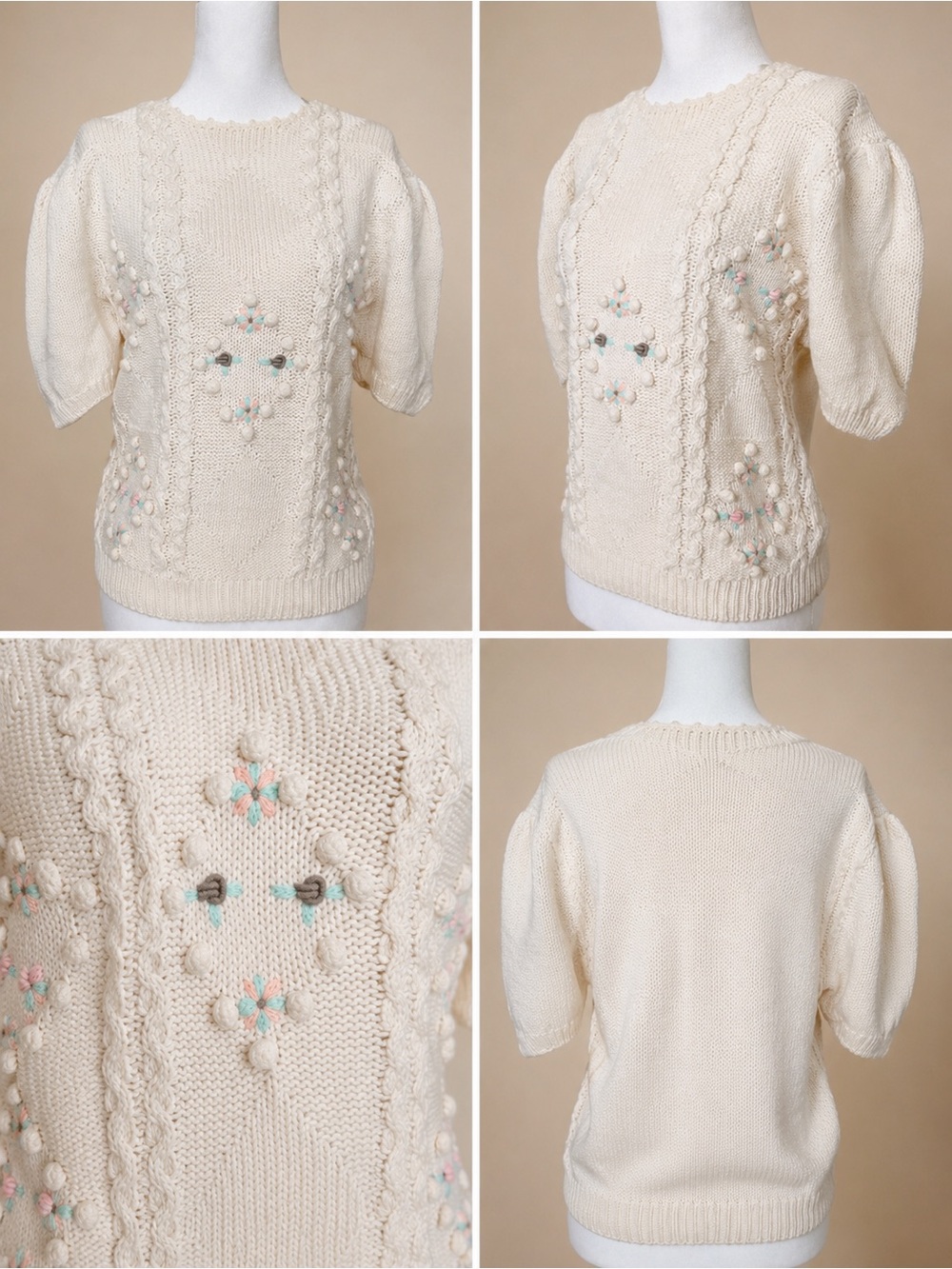 Vintage Floral Bobble Knit Sweater Top L Cottagecore